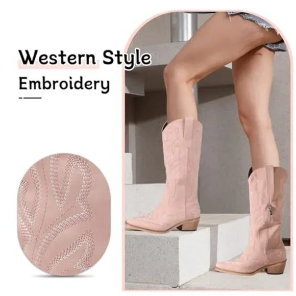 Women's PU Leather Boots Chunky Heel Pointed Toe Wide Calf Pull-On - Picture 6 of 8